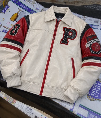 Men’s White and Red Leather Varsity Jacket, Studded Letterman Bomber Jacket image 5