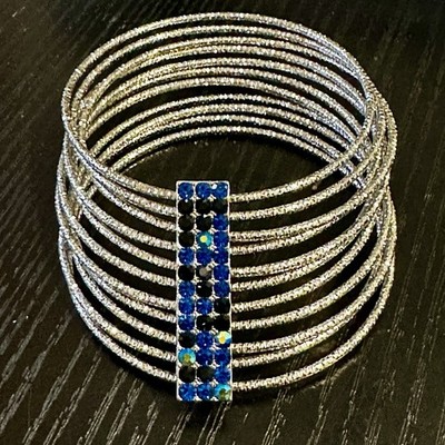 Set Of 11 Fashion Jewelry Silver Stack Bracelets With Blue/Black Crystals Bar