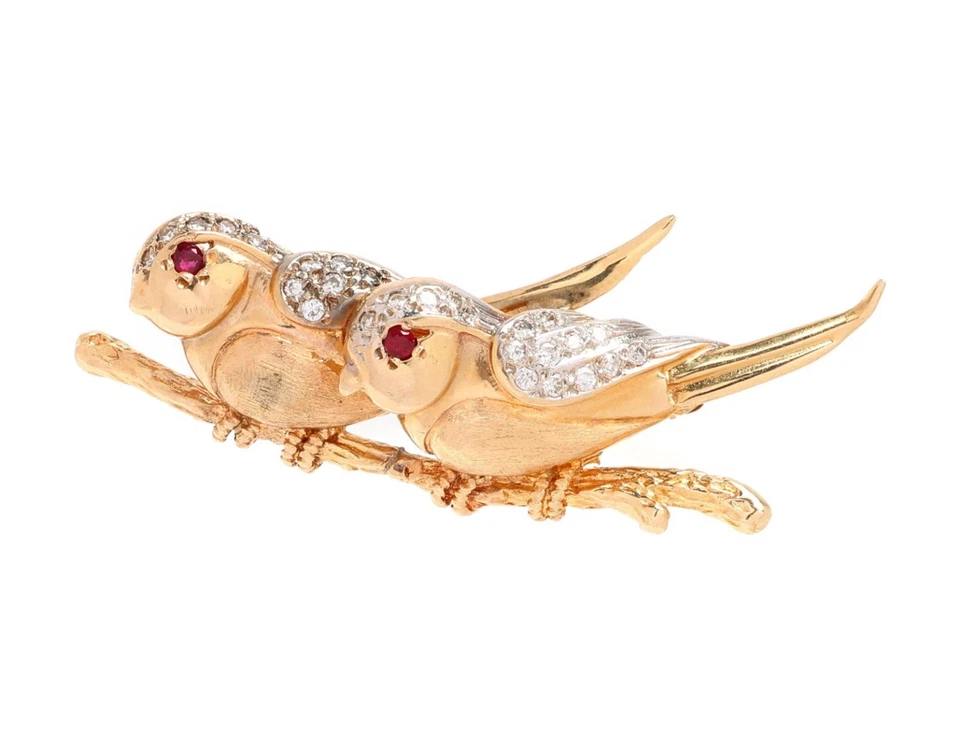 Broche/colgante de oro 14K/diamantes y pájaros rubí Foto 2 de 4