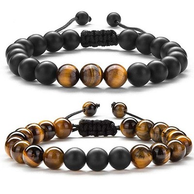 2Pcs Beaded Bracelets Set Tiger Eye Matte Agate Lava Rock Bracelets for Men
