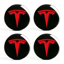 4 PCS Wheel Center Hub Cap Sticker for Model 3 / Model Y, Glossy Black & Red