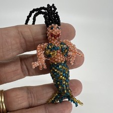 HANDMADE SEED BEAD BLUE GOLD MERMAID LADY Trinket ORNAMENT Keychain