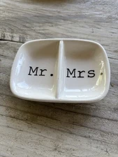Mr. & Mrs  Ceramic Two Section Ring Dish White Marriage Wedding