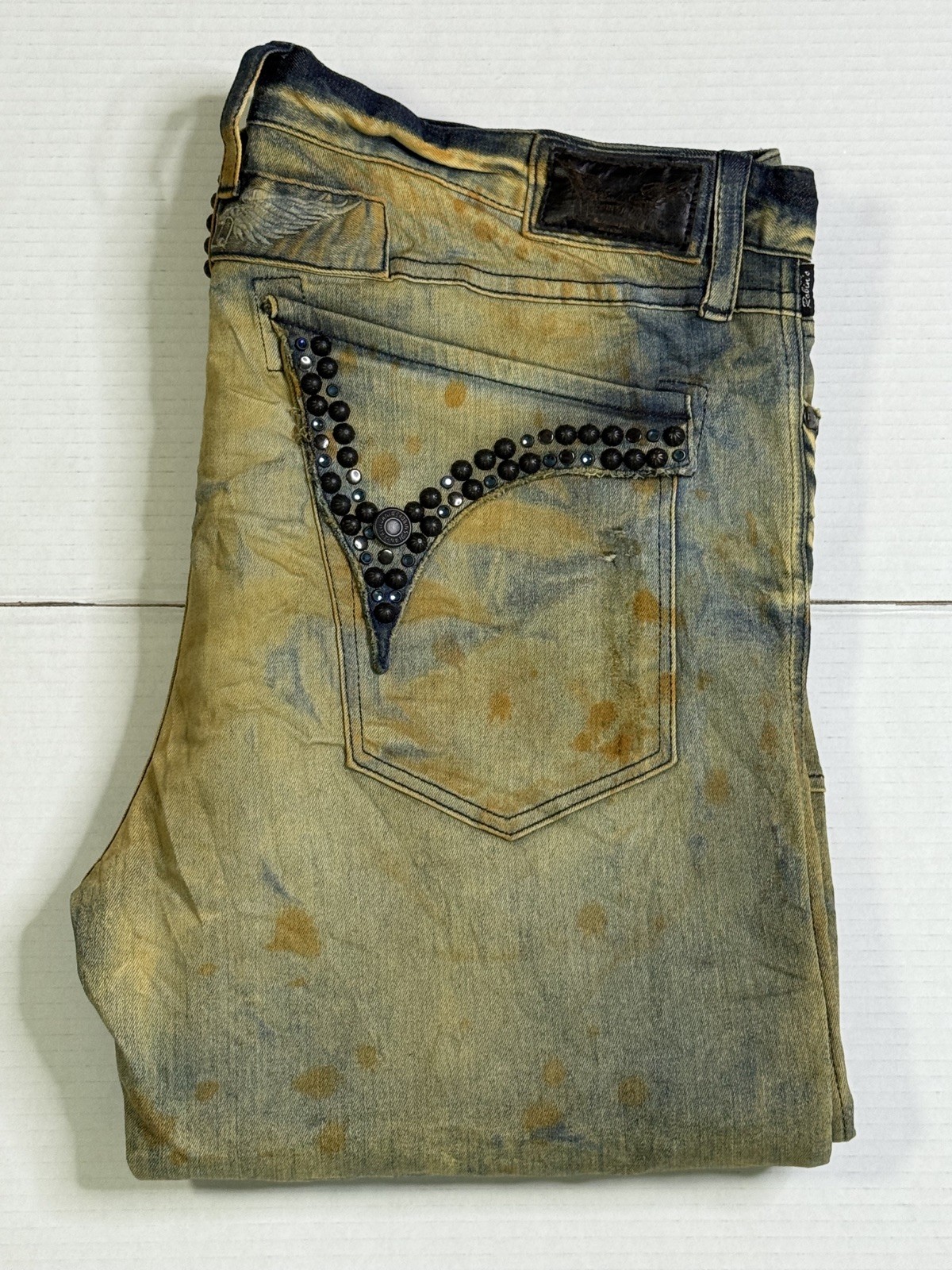 New Men’s Robin’s Jean SZ 40 Style #R6804 LONG FLAP MOTARD BLK Studs & Swarovski