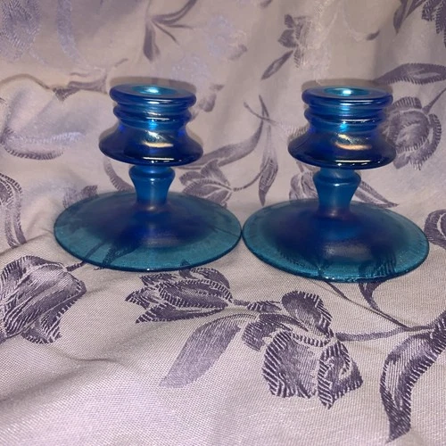 2 Vintage Fenton Celeste Blue Stretch Glass Candlestick Candle Holder 3.5"