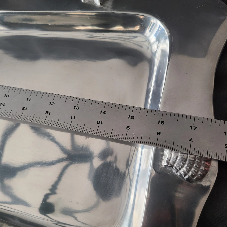 Ihi Serving Tray Plate Pewter Metal 17.5x12.5" Silver Tone Hand India Shiny READ - Image 4 of 4