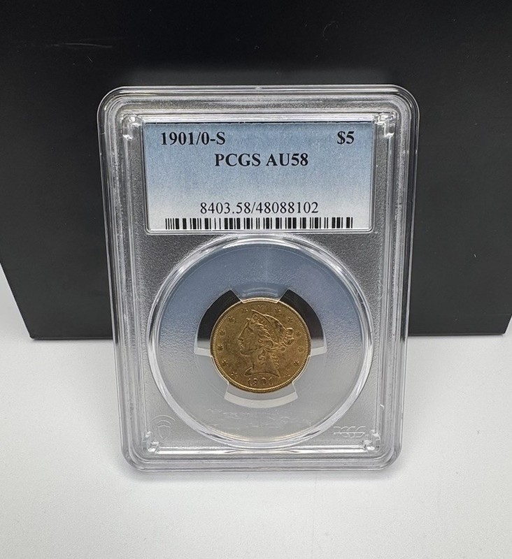 1901/0 S American Half Eagle Coronet Liberty Head Gold Coin $5 Dollar AU-58 PCGS