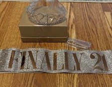 21st Birthday Tiara Crown and Sash Rose Gold Rhinestone Finally 21 Set New