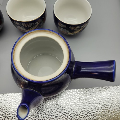 Set servizio tè caldo vintage / sake - blu con design floreale e fagiano 8 pz - Foto 12 di 18