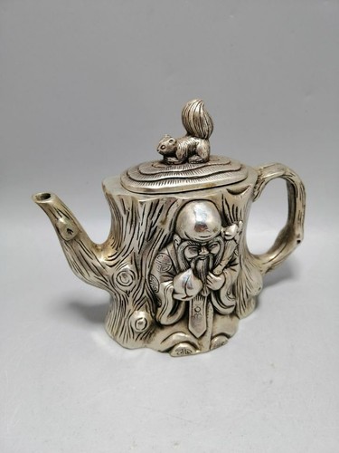 Teiera albero immortale scoiattolo intagliato bronzo argento antico decorato da collezione - Foto 3 di 8