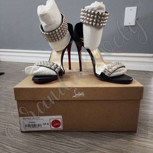 CHRISTIAN LOUBOUTIN PRIYADORA BLACK LEATHER SPIKE HEELS SANDALS 37.5 WITH BOX  - Picture 4 of 7