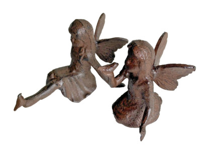 Two Fairy Figurines  with Birds Cast Iron Home or Garden Statues Rustic 4'' to 6''
