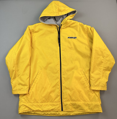 Vintage Nike Jacket Mens Large Yellow Gray Fleece Reversible Hooded Swoosh Y2K