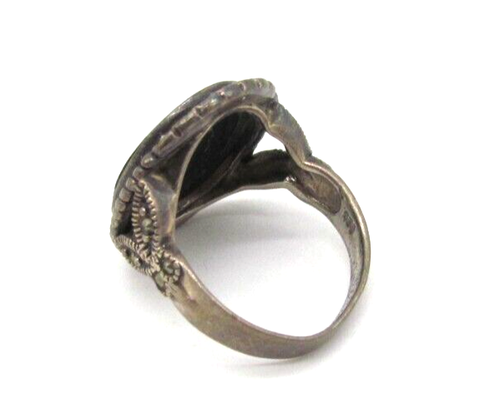 Anillo Vintage Art Deco Plata de Ley 925 Marcasita y Gemas de Ónix Talla 7.5 - Imagen 4 de 13