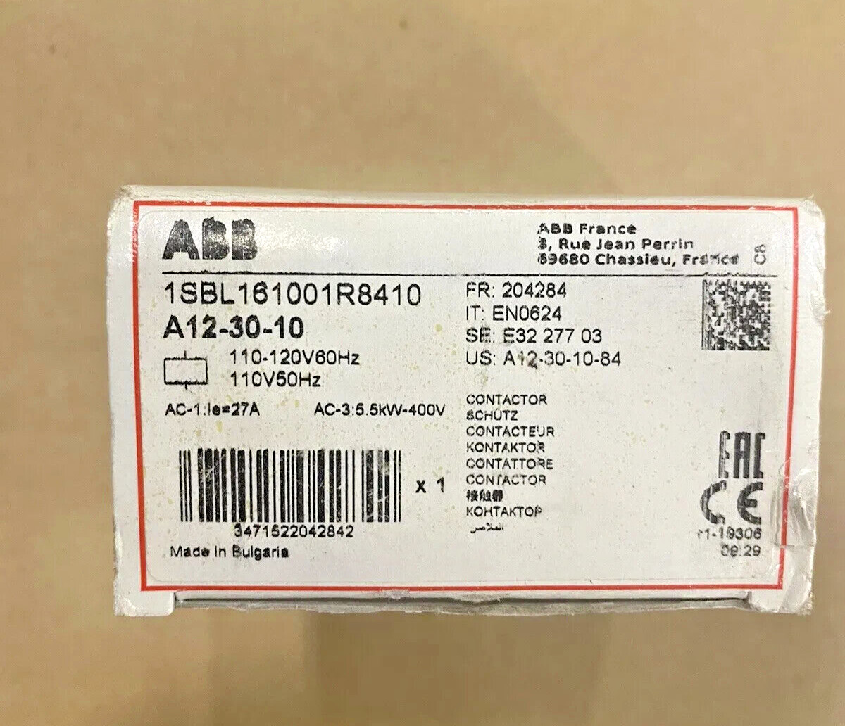 LOT-ABB 1SBL161001R8410 A12-30-10 110V 50Hz Contactor Expedited ShippingHT