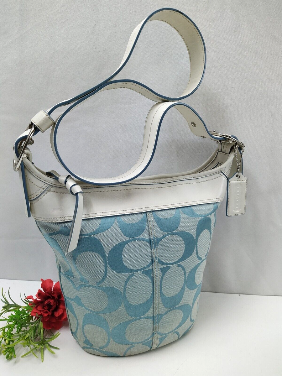 Coach Signature C Blue Canvas Leather Trim Bucket Duffle Crossbody