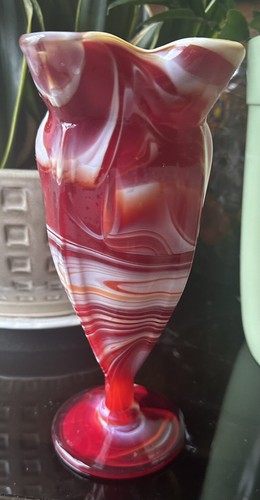 Imperial Slag Agate Pedestal Vase Red  Orange White MCM Mid Century Modern Large - Picture 6 of 16