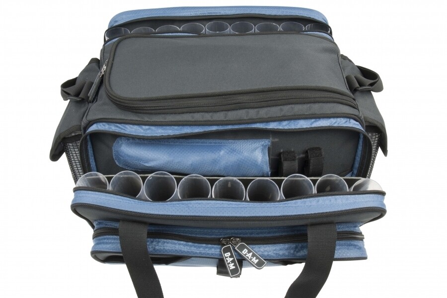 Sac à Appâts DAM Steelpower – 18 Tubes PVC + 2 Boîtes – Nylon 600D – 50x35x30 Cm – Bandoulière Rembourrée – Fond Antidérapant
