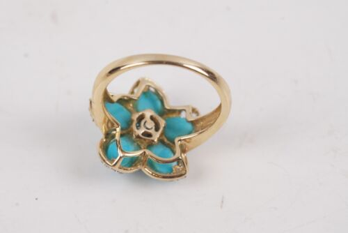 Vintage 14K Yellow Gold Flower Turquoise Diamond Cocktail Ring Size 5 - Picture 6 of 8