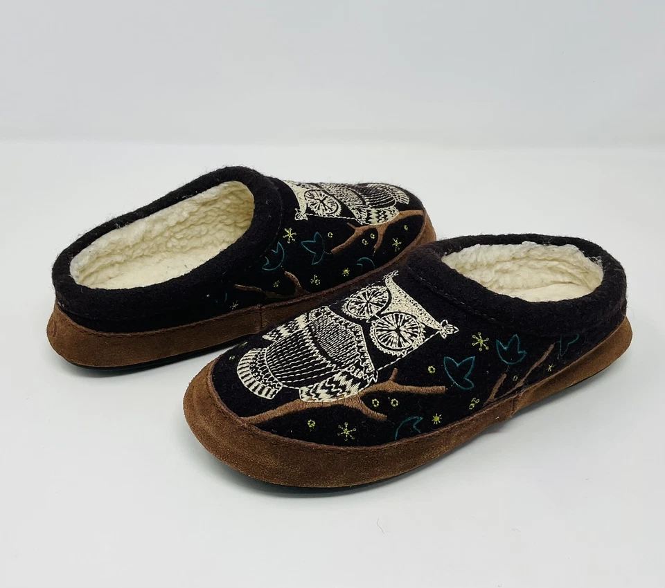 Acorn Forest 骡子拖鞋刺绣猫头鹰柏柏尔内衬棕色女式 5-6 码 — 第 2/4 张图片