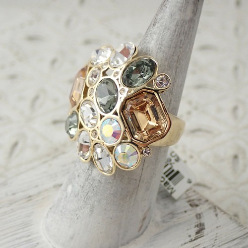 St John Golden AB Gray Crystal Rhinestone Statement Gold Tone Size 7.25 Ring NWT - Picture 6 of 8