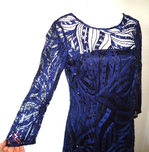 TAHARI ARTHUR S LEVINE Gown Navy Blue Sequin Chiffon Flutter Sleeve Size-8 - Picture 5 of 20