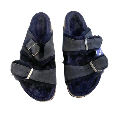Birkenstock Navy Suede Shearling Two-Strap Slides 45 Arizona Shearling Suede Leather in Color Midnight Blue  main image 2