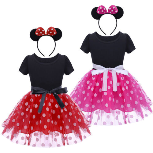 Childrens Girls Pink Red Minnie Mouse Kids Baby Girl Tutu Dress w/ Headband  O83 - Afbeelding 1 van 15