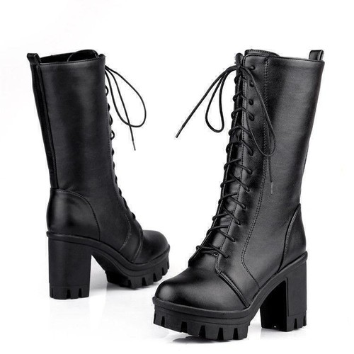 Women's Mid-calf Boots High Block Heel Lace Up Combat Platform Riding Shoes - Picture 7 of 17