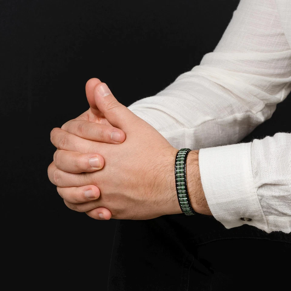 Мужской кожаный браслет зеленый авантюрин кристалл исцеления браслет магнитная застежка - Изображение 3 из 4