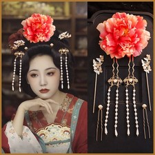 Hanfu Peony Silk Flower Hairpin Tassel Hair Accessory Set Chinese Style
