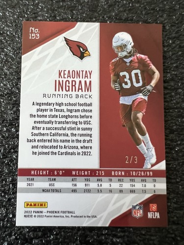 2022 Panini Phoenix #153 Keaontay Ingram Cardinals Onyx RC Rookie Card #2/3 - Picture 3 of 4