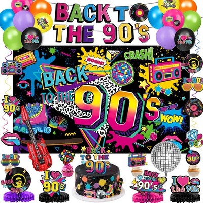 90s Party Decorations Includes 90's Backdrop, Foil & Latex Balloons, Cake & C...
