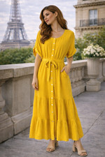 MAGASCHONI Yellow Gauze Midi Shirt Dress Tie Waist Short Sleeve Women LARGE