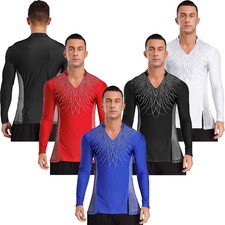Men Ballroom Dance Top Glittery Rhinestones Lapel V Neck Mesh Split Chacha Tango