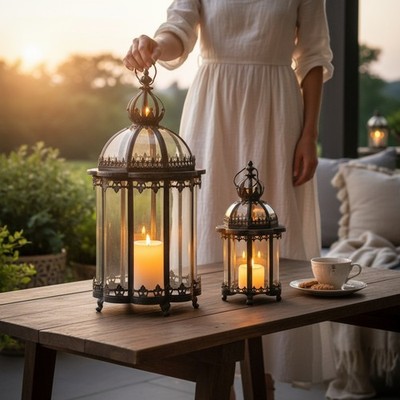 Atemberaubende Metall Grün Teelicht Laterne Halter 2er Set für Haus & Garten Dekor