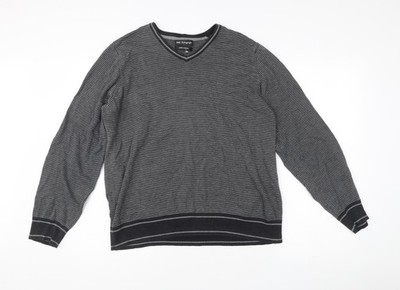 Marks & Spencer Herren Pullover schwarz gestreift V-Ausschnitt Baumwolle M