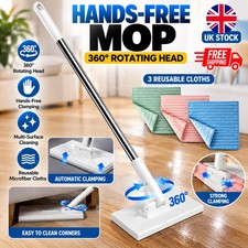 New with 3 Reusable Cloths Hands-free Mop 360&deg; Rotating Head Clamping Dust Mops