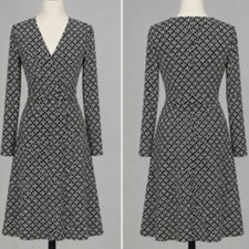 Talbots M Black White Faux Wrap Dress Geometric Print Pockets Stretch 3/4 Slv