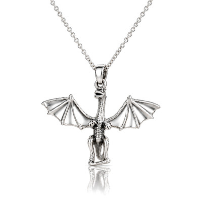 Vintage 925 Sterling Silber Gothic Fantasy Detail Geflügelter Drache Halskette