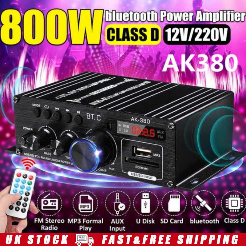 80W bluetooth Stereo Amplifier Amp HIFI Audio Radio 2CH USB AUX FM Car Home UK