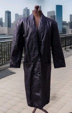 Vtg Leather Trench Coat Womens Medium Black Shoulder Pads Made in USA