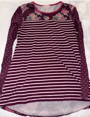 Matilda Jane Women's Shirt S Purple Stripes Polka Dot Floral calling bird