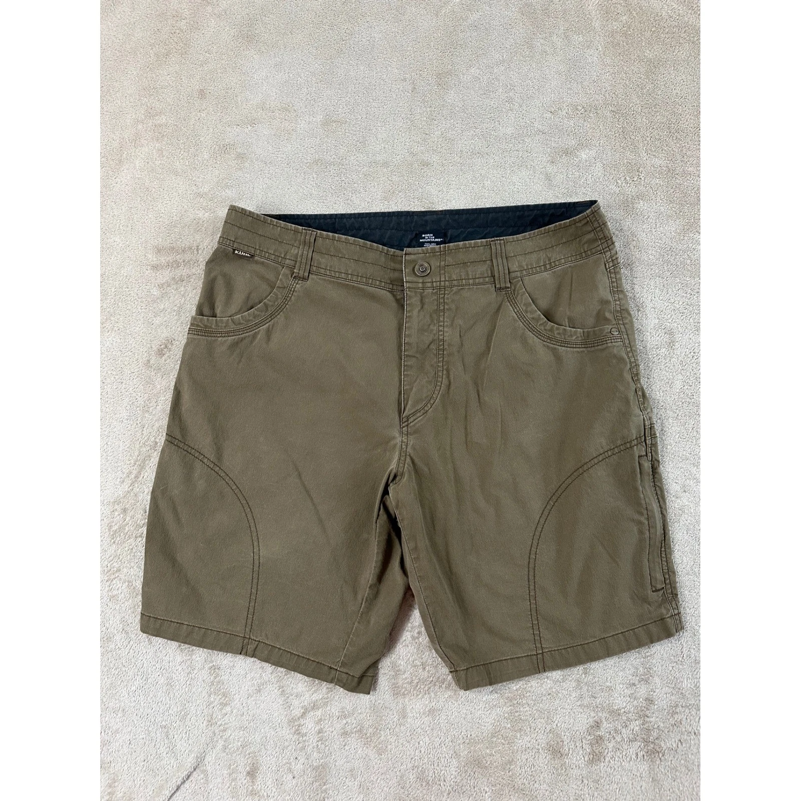 KUHL Vintage Patina cargo shorts Mens 36 Brown Olive Dye Hiking Born Mountains