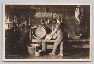 Swiss Chalet Interior Cheese Making Scene Switzerland Alps RPPC Postcard