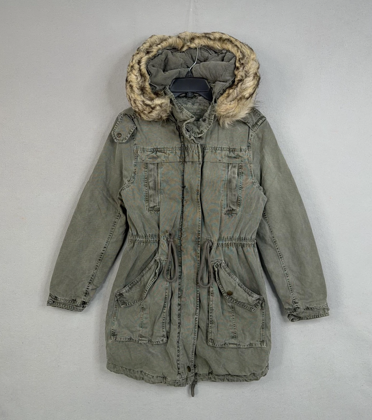 American Eagle Coat Womens XS Green Faux Fur Hooded Parka Field Military Jacket