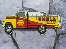 VINTAGE SHELL GAS AND OIL SERVICE TANKER PORCELAIN SIGN 12"×5".