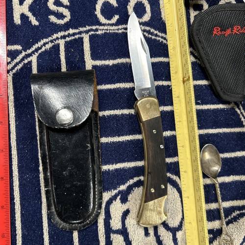 VTG BUCK 110 FOLDING HUNTER LOCKBACK KNIFE WITH BLACK LEATHER CASE SHEATH USA
