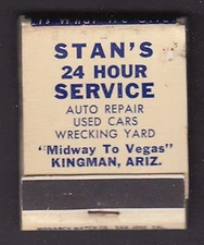 Stan's 24 Hour Towing Service Kingman AZ matchbook