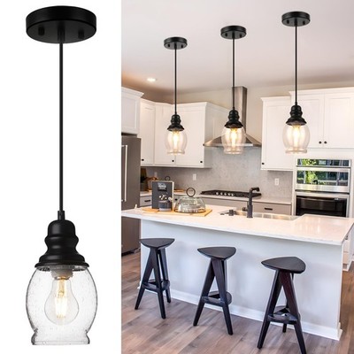 WILON Pendant Lights for Kitchen Island, Seeded Glass 1-Light, Black-Arched 